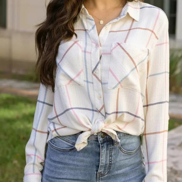 Grace and Lace - Favorite Button Up Top - Multi Windowpane - Picture 2 of 7